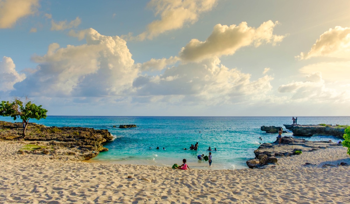 Grand Cayman, Cayman Islands, July 2017, Smith's Barcadere beach also known as Smith Cove in the South Sound at sunset