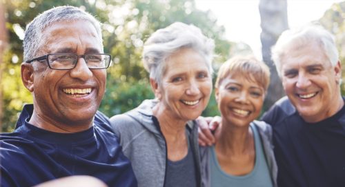 Nature, selfie and senior friends on a hike for wellness, exercise and health in the woods. Happy, smile and portrait of a group of elderly people in retirement in forest trekking together in summer.