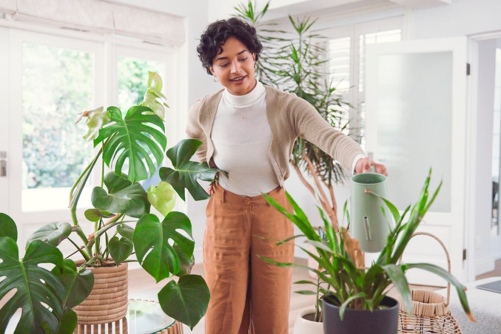 Young woman wearing orange pants and a white top waters her houseplants with a watering can