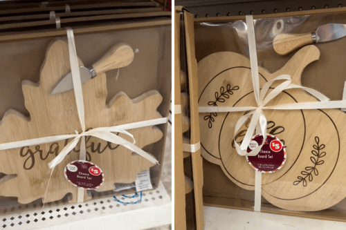 fall-themed wood cheeseboards at Dollar Tree