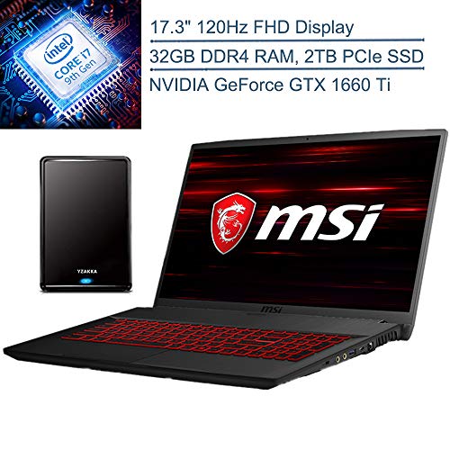 2020 MSI GF75 17.3" 120Hz FHD Gaming Laptop Computer, 9th Gen Intel Hexa-Core i7-9750H, 32GB DDR4 RAM, 2TB PCIE SSD, GeForce GTX 1660 Ti 6GB, Backlit KB, Windows 10, YZAKKA 500GB External Hard Drive