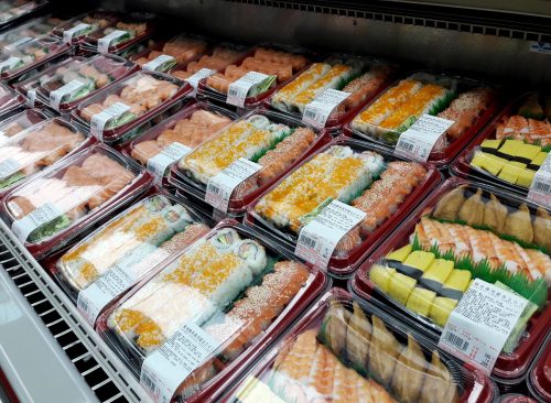 Kaohsiung, Taiwan - September 6, 2019: Selling several fresh Japanese sushi foods in Costco . Wholesale Corporation is largest membership-only warehouse club in USA