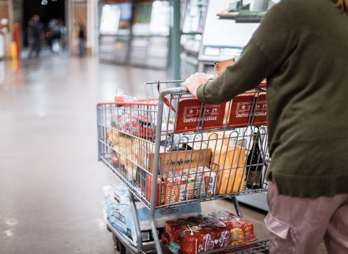 People with carts in Costco Wholesale. Costco is an American multinational corporation which operates a chain of membership only