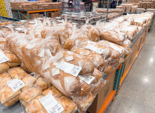 Los Angeles, California, United States - 05-05-2023: A view of a several varieties of fresh Kirkland Signature breads, on display at a local Costco.