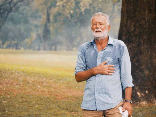 Elderly man sweating and fainting.