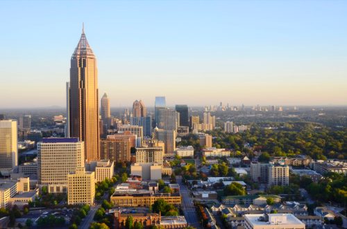 Cảnh quan ngoạn mục của đường chân trời Atlanta, Georgia lúc bình minh.