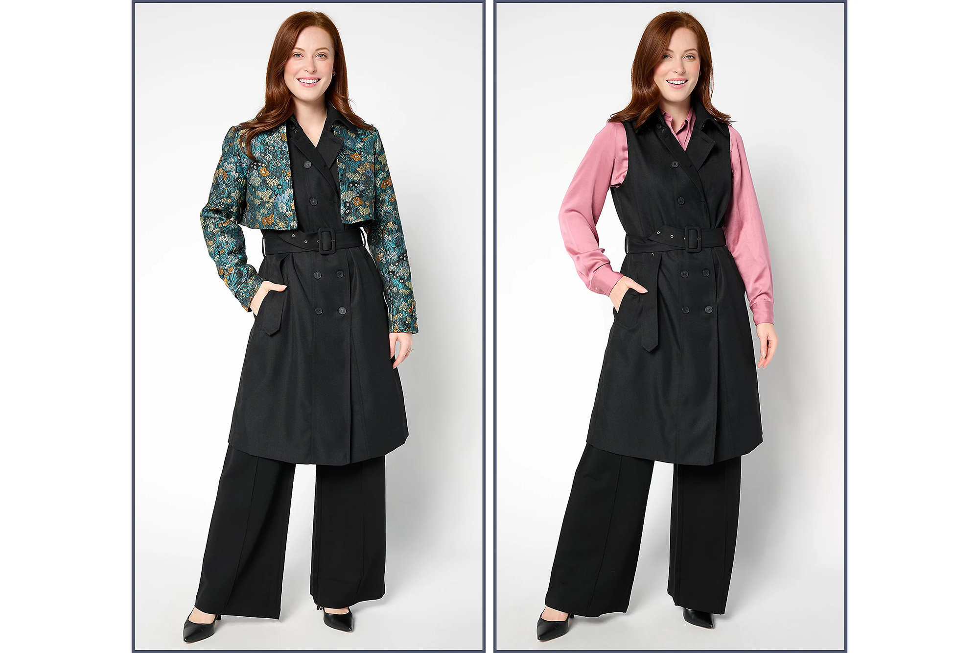 Một người mẫu mặc áo khoác trench coat có thể chuyển đổi theo hai cách