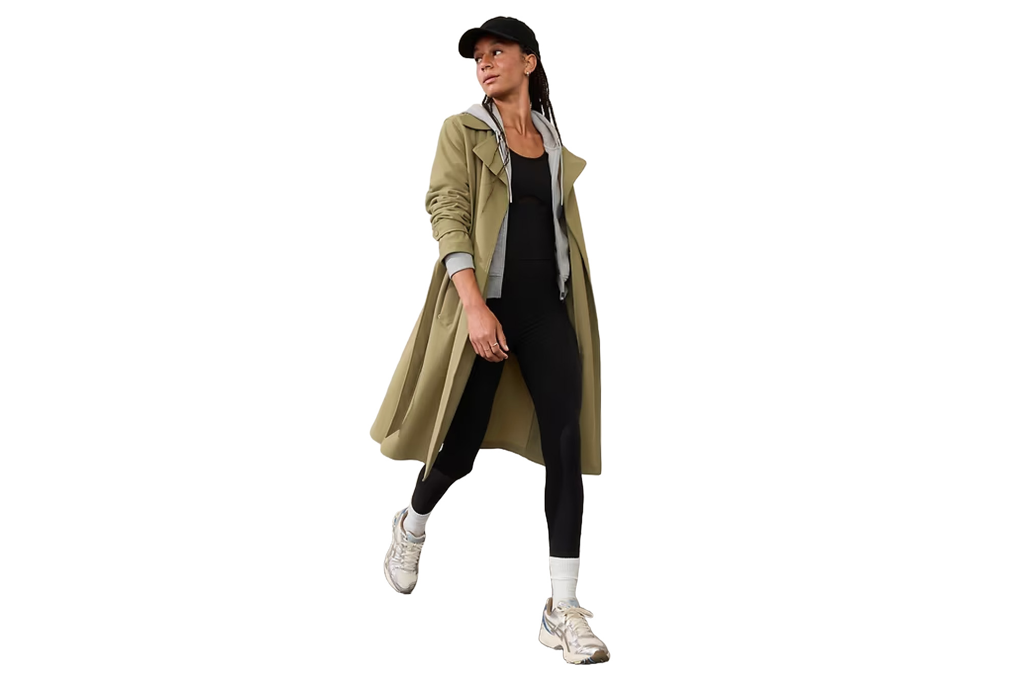 Một người mẫu mặc áo khoác và quần legging