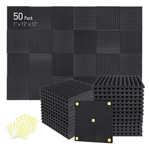 Focusound 50 Pack Acoustic Foam Panels 1' x 12' x 12' Sound Proof Foam Panles Soundproofing Noise...