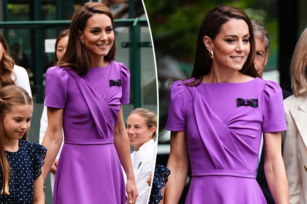 Kate Middleton mặc váy midi màu hoa cà bất ngờ xuất hiện tại Wimbledon cùng con gái Công chúa Charlotte, 9 tuổi