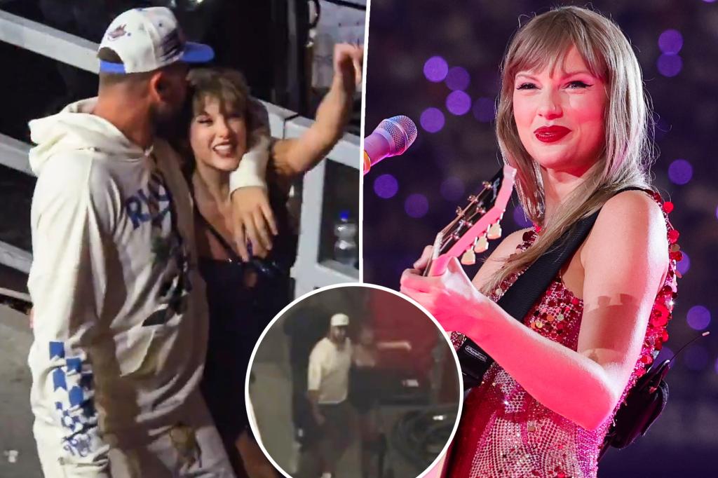 Travis Kelce vẫn quấn chặt tay Taylor Swift khi họ rời khỏi buổi biểu diễn Eras Tour của cô ấy