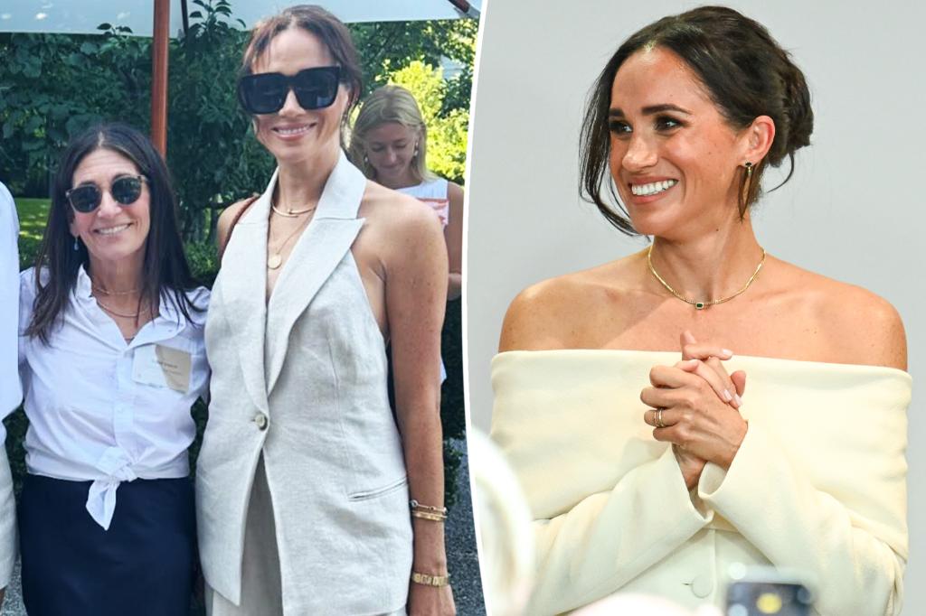 Meghan Markle diện áo vest và quần màu tự nhiên tại hội nghị thượng đỉnh kinh doanh ở Hamptons