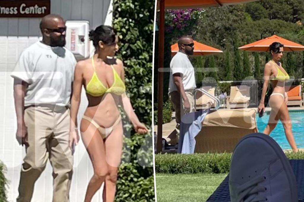 Bianca Censori diện bộ bikini nhỏ xíu trong khi Kanye West vẫn mặc nguyên trang phục tại khách sạn California