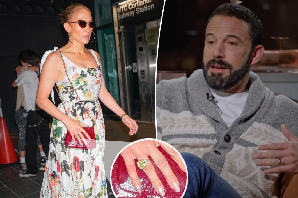 Jennifer Lopez đeo nhẫn đính hôn của Ben Affleck ở tay phải