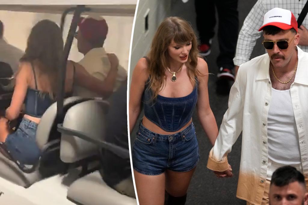 Taylor Swift ôm chặt Travis Kelce khi họ chạy ra khỏi sân vận động sau chiến thắng của Chiefs