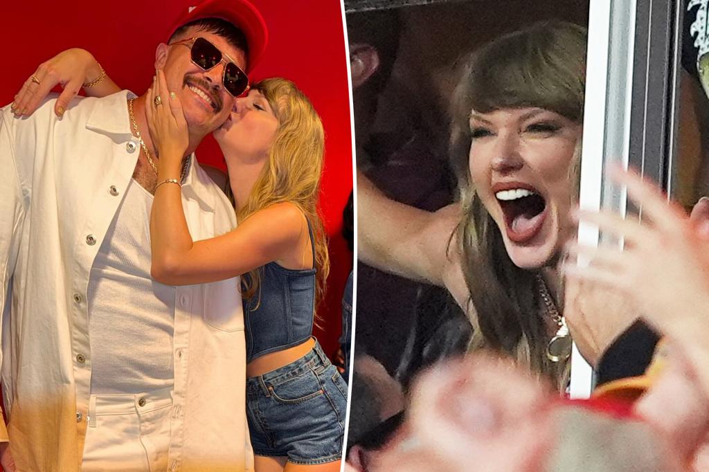 Taylor Swift trao cho Travis Kelce một nụ hôn khi ăn mừng chiến thắng của Chiefs