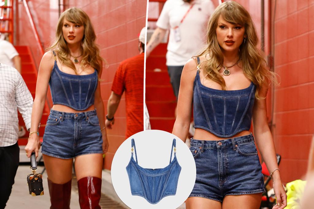 Taylor Swift diện corset denim Versace và bốt cao đến đùi để cổ vũ Travis Kelce và Chiefs